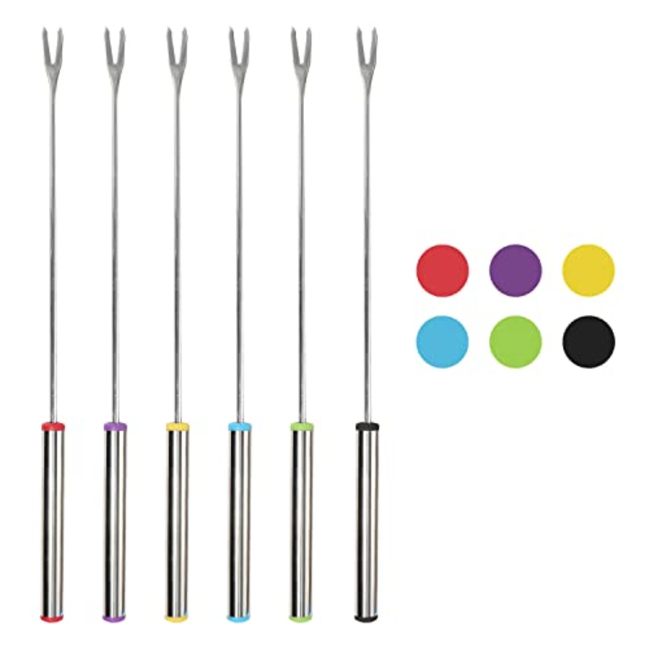6 PCS 9.5 Inch Color-Coded Stainless Steel Fondue Forks, Cheese Fondue Fork Stainless Steel Fruit Fondue Forks with Heat-blocking Handle for Chocolate Fountain Cheese Hot Pot Barbecue Marshmallows